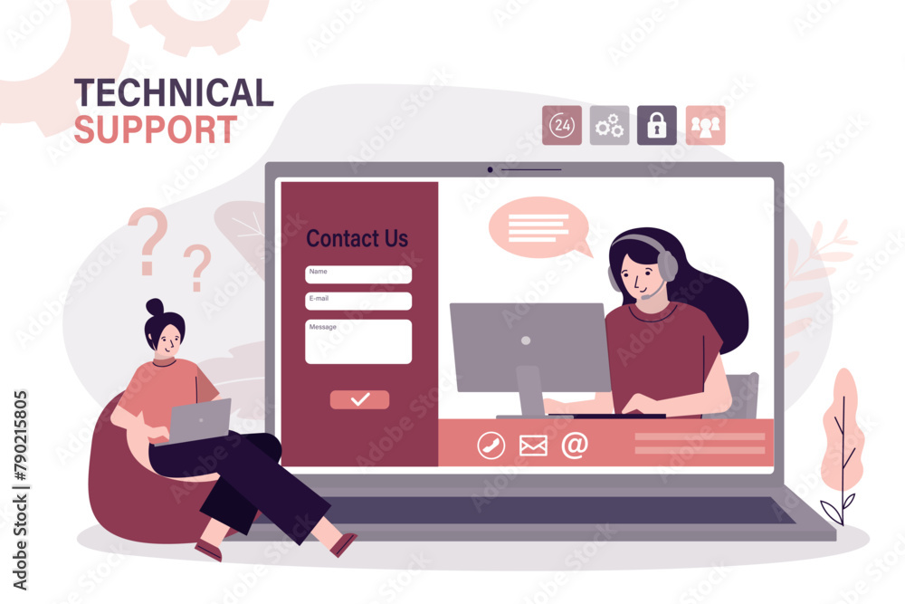 Woman client talking online with customer center. Service support, communication with hotline assistant, clients helpline concept. Technical support. Contact us form. Online chat