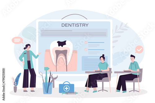 Medical students learning stomatology, education, woman tutor or teacher talks about oral hygiene and dental care.