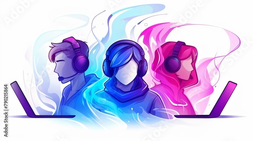 Three gamers with headphones playing video games on their computers. photo