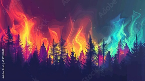 A vibrant, colorful forest scene with stylized aurora-like waves above the treetops