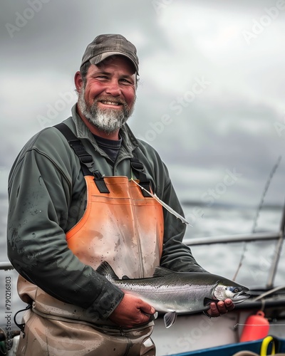 Fisherman with salmon in hand, boat deck scene, reallife detail, overcast sky, authentic moment