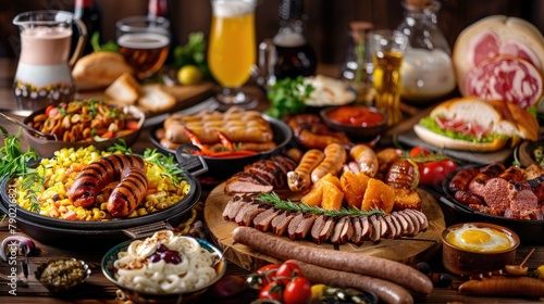 A spread of assorted hearty dishes on a wooden table