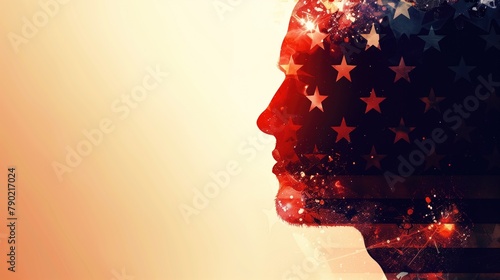 Artistic America's Independence day background with stars on red and blue with a proud person head silhouette
