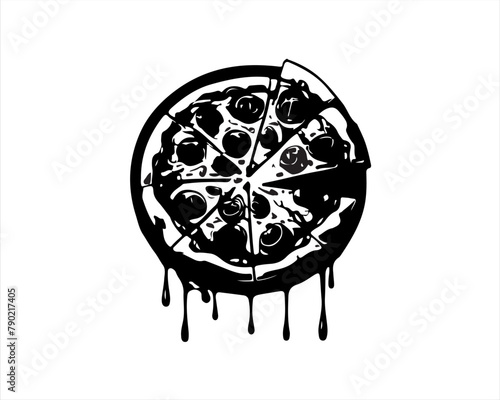One slice separated of pizza silhouette with flowing cheese vector illustration on white background. Pizza icon. Pizza vector.