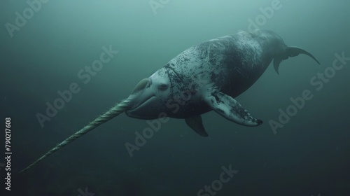 A narwhal with a lengthy hornlike tooth is diving underwater in the ocean photo
