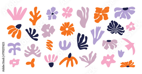 Set of various trendy  doodles  colorful basic shapes and hand-drawn leaves  flowers. Abstract  contemporary vector illustration with isolated art elements.