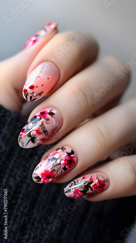 Close-up nail art with feminine charm, floral designs, vibrant pink shades, glossy finish, joyful vibe. Glamour woman hand with nail polish on her fingernails. Nail art and design.