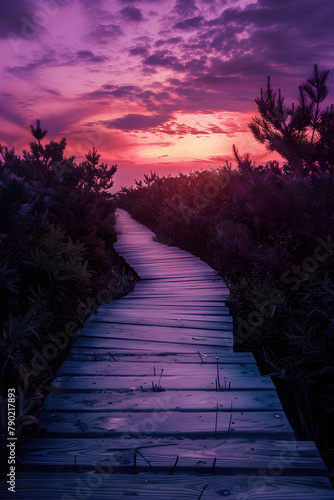 Lonely Wooden Pathway into the Glorious Sunset Horizon