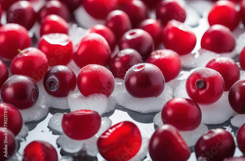Fresh frozen cranberries, red berries. Group in the water. Frozen currants as background. Top view. macro, template. 