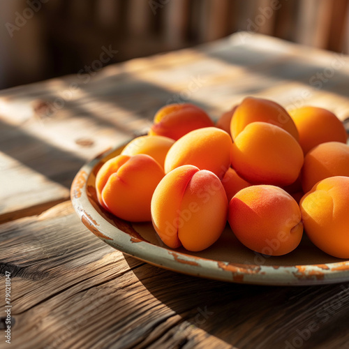 Close-up of fresh apricots in a plate on a rustic wooden table, morning sunlight casts soft shadows