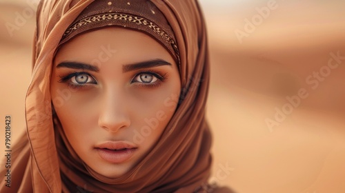 portrait of a beautiful muslim woman in hijab with beautiful eyes in the desert