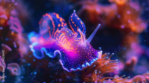 Electric blue sea slug is gliding through the underwater coral reef photo