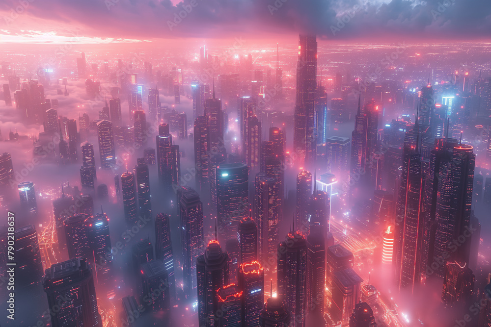 Illuminated futuristic city skyline at foggy night, ultra-wide scenic sci-fi cityscape Illuminated futuristic city skyline at foggy night, ultra-wide scenic sci-fi cityscape