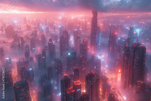 Illuminated futuristic city skyline at foggy night  ultra-wide scenic sci-fi cityscape