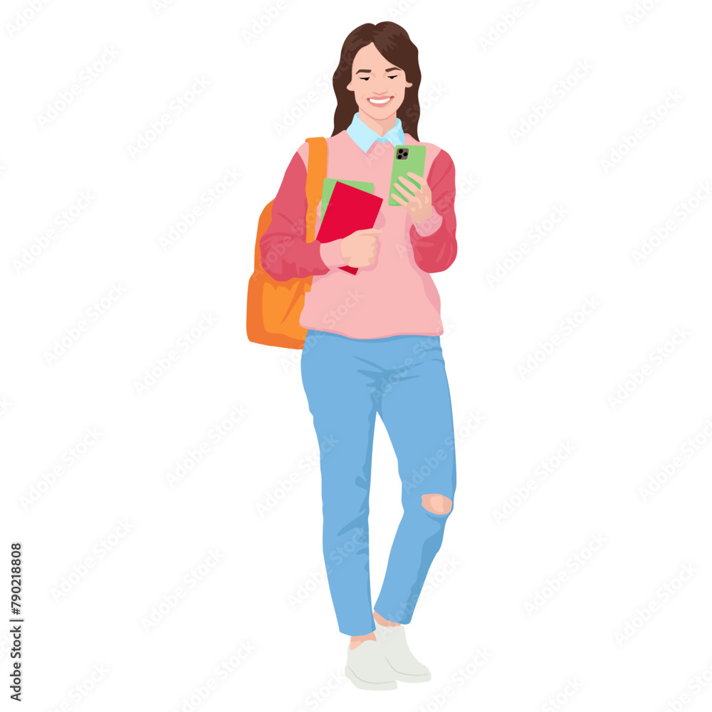 Young female student using smartphone dressed in loose sweater and jeans. Woman with books looking to her phone. Smiling girl with backpack in casual cloth. Vector illustration isolated on white Young female student using smartphone dressed in loose sweater and jeans. Woman with books looking to her phone. Smiling girl with backpack in casual cloth. Vector illustration isolated on white
