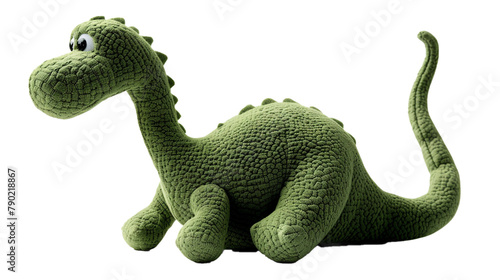 A plush toy dinosaur with a long neck and a friendly smile. Isolated on transparent background  png file.