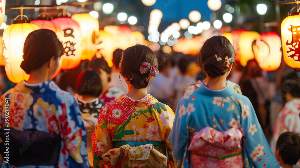 A group of people in vibrant kimonos at a cultural festival, with lanterns in the background, showcasing diversity and tradition