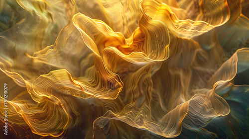 a piece of abstract visual art. Fluid and undulating lines, dynamic and mesmerizing patterns. Gold and brown flowing shapes. A sense of movement, flowing and undulating forms.