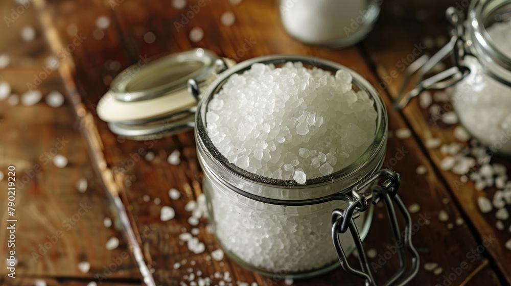 Jar of sea salt on a wooden surface Jar of sea salt on a wooden surface