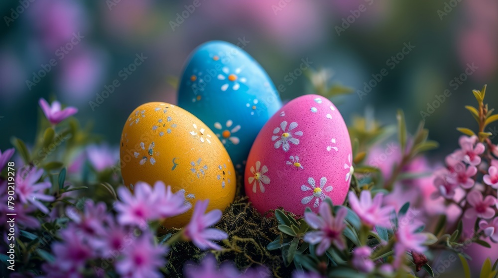 Serene Easter Morning with Decorative Eggs Amidst Spring Florals
