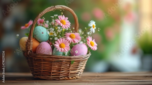 Colorful Easter Basket with Spring Flowers on a Wooden Table