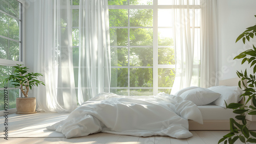 A bedroom with a white bed, white curtains, and a potted plant