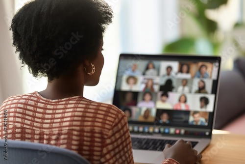 a black woman doing video meeting on a laptop, zoom meeting closeup, video conference, business meeting, successful business conference meeting, virtual meeting, skype meeting, meeting