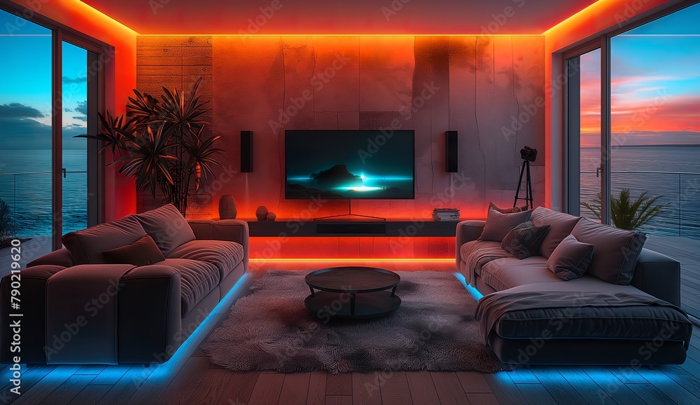 A modern living room, open space with dark LED lights giving it a cozy atmosphere A modern living room, open space with dark LED lights giving it a cozy atmosphere