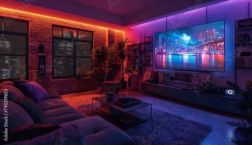 A dark living room with an LED lights giving it a cozy atmosphere, ai generated
