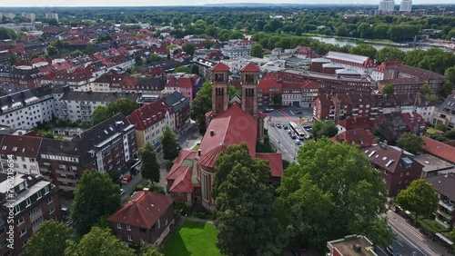 Aerial drone view of St. Antonius church in Münster , Germany .  photo