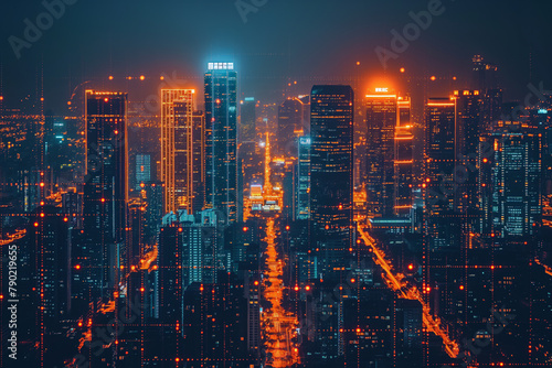 Vibrant cityscape digital illustration, futuristic night skyline, ultra-wide scenic sci-fi cityscape photo