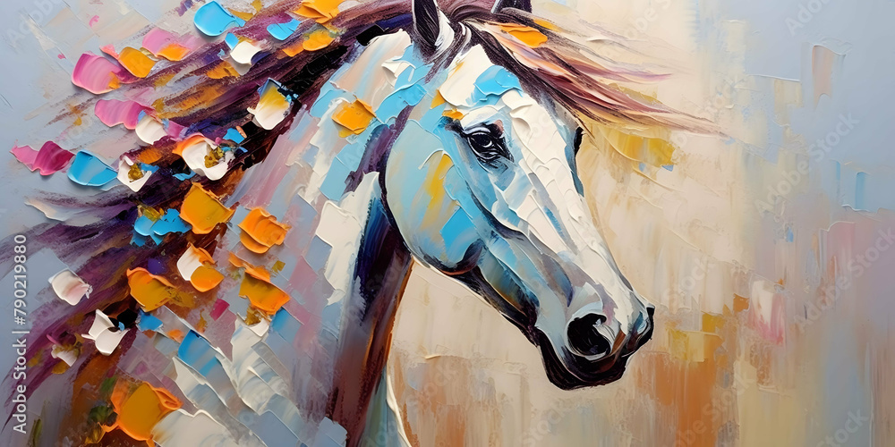 Home wall art decor, abstract colorful oil painting, horse and flowers, wall art, knife painting, paint spots and strokes. Large stroke oil painting