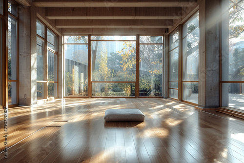 A minimalist yoga studio with a polished wooden floor, a single floor cushion, and large windows offering ample natural light. photo
