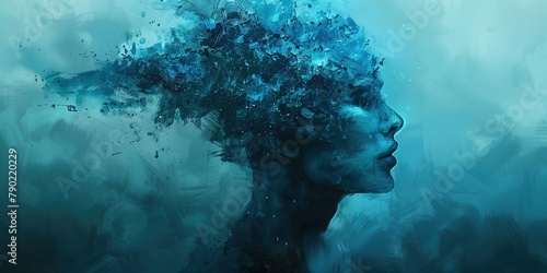 Side-Portrait of a Woman's Head Exploding with Paint, Rough Abstract Art, Blue and Turquoise, Mental Health Concept