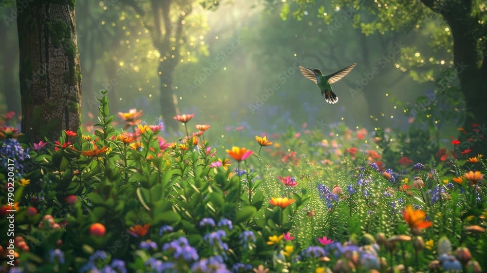 Fototapeta premium Hummingbird hovers above flowers in forest, part of natural landscape