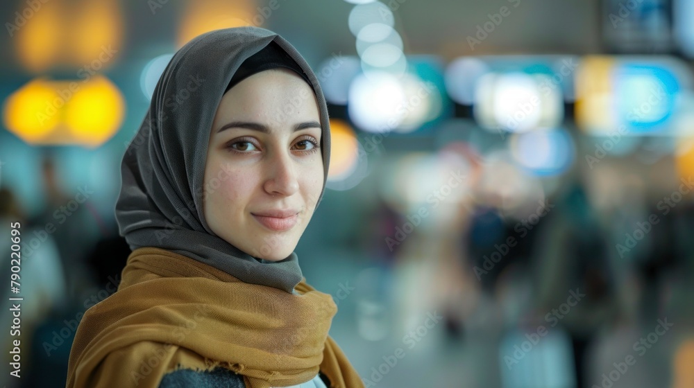 portrait of a beautiful muslim woman with hijab at the airport portrait of a beautiful muslim woman with hijab at the airport