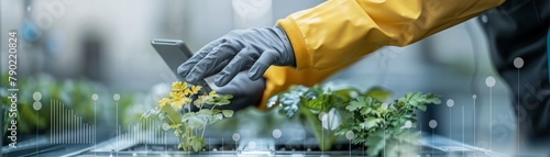 A gloved hand holding a smartphone is shown above a plant. There is a futuristic, digital interface around the hand and plant. photo