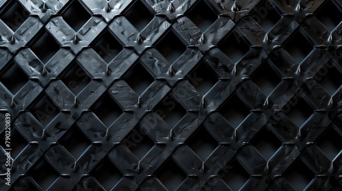 Diamondshaped black metal mesh, seamless design, ideal for 3D material rendering, closeup, high contrast photo