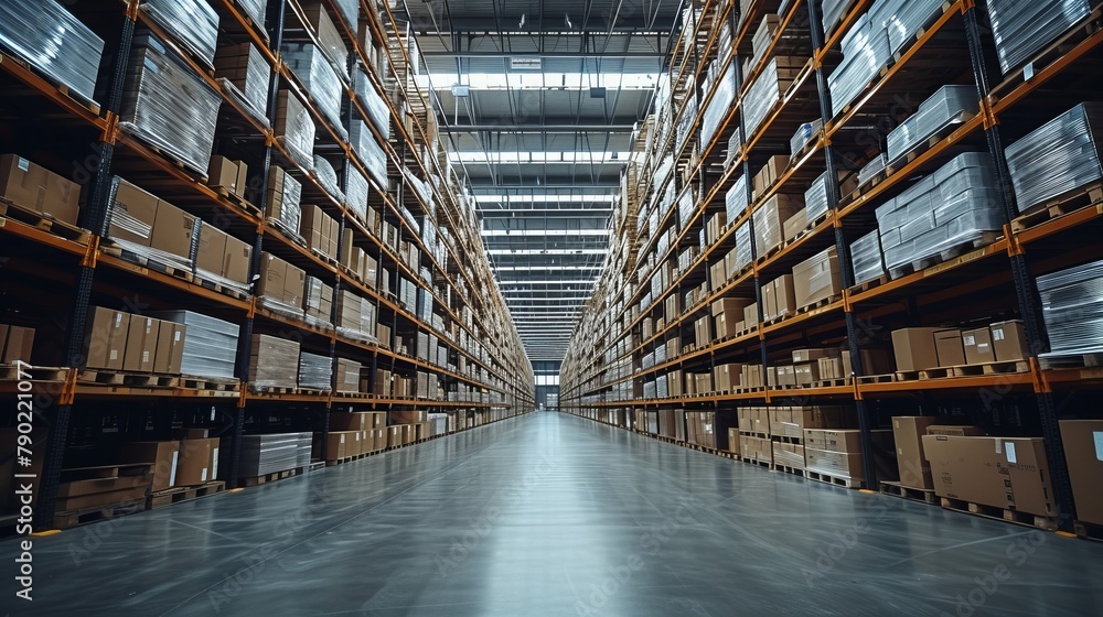 Inside the Heart of Logistics: Tall Shelving Units Line a Modern Warehouse Facility