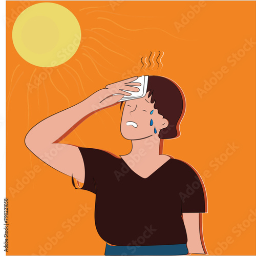 A man feeling hot under the sun light, flat vector illustration.  feels hot and exhausted, sweaty clothes. Young man suffering from heat stroke symptom, sweat, high body temperature, dehydration. 