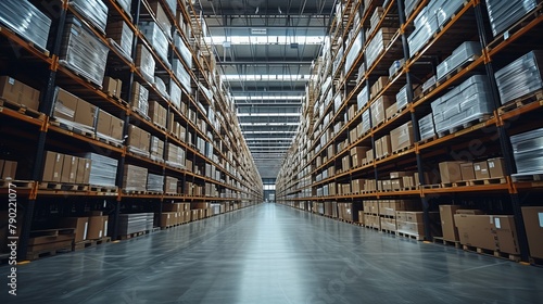 Inside the Heart of Logistics: Tall Shelving Units Line a Modern Warehouse Facility © Twinny B Studio