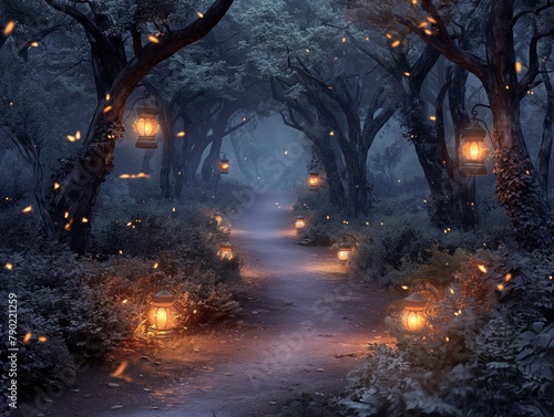 A dark forest with a path lit by lanterns