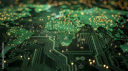 The abstract cyber tech background is made of printed circuit board. Depth of field effect semiconductor chips glowing bright green  3d rendering