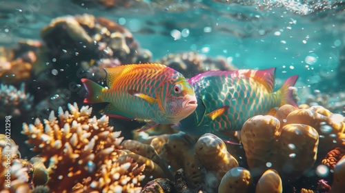 Fish swimming in natural underwater environment of coral reef
