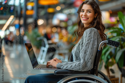 A beautiful woman with long hair using a laptop in her wheelchair at a bright location.