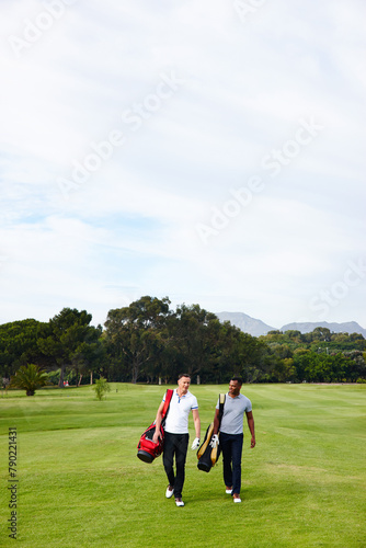 Sports  golf and friends on field for game  match and competition on golfing course. Recreation  hobby and men walking with club driver on grass for training  fitness and practice outdoors for fun