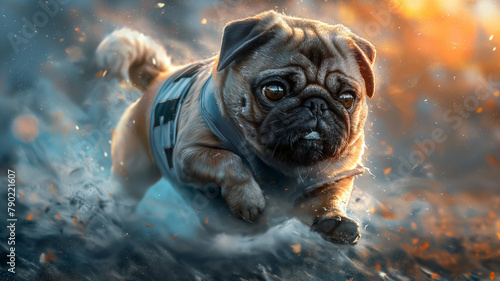 A pug dog is running through the water