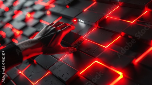 A hand touching a glowing red and black surface photo