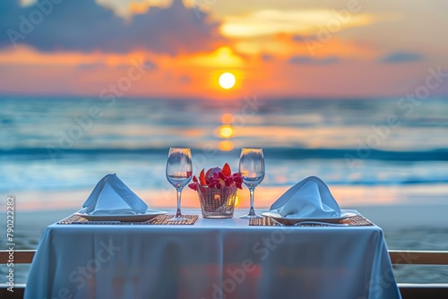 Romantic Dining Table Set for Two with Beach and Sunset Background