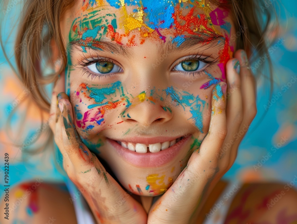 Playful Girl Covered in Vibrant Paint Joyful Expression
